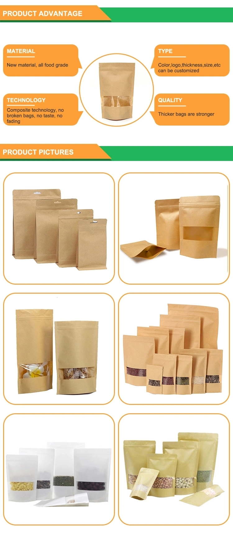 Resealable Brown Kraft Paper Ziplock Smell Proof Food Coffee Tea Edible Candy Pouch Stand up Mylar Bag