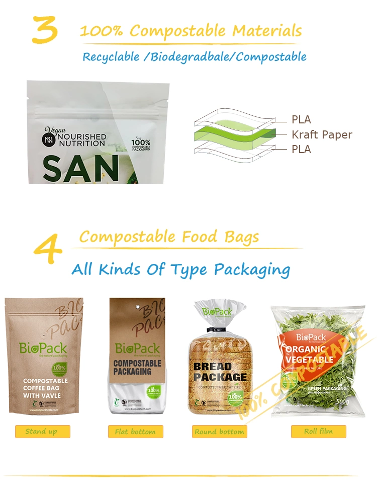 Eco Friendly 100% Compostable Biodegradable Organic Food Packaging Kraft Paper Ziplock Stand up Pouch Bag for Spice Salad Sauce Candy Pasta