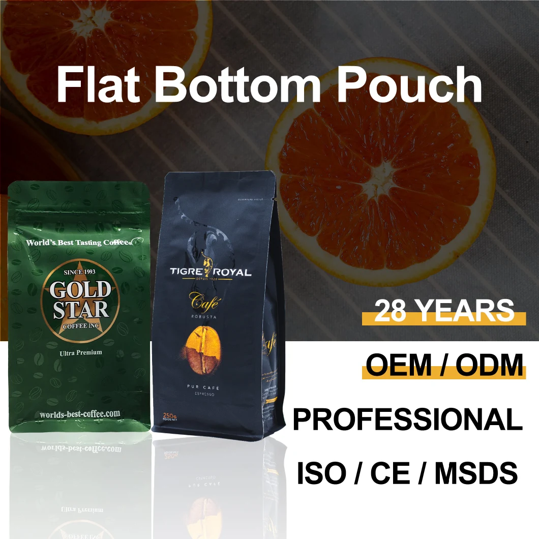 Custom Printed Food Grade Aluminum Foil Plastic Coffee Packaging Flat Bottom Pouch with Valve