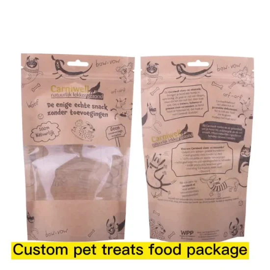 Busta stand up in plastica biodegradabile con cerniera, borsa per alimenti per animali in carta kraft con cerniera per cani, gatti, dolcetti, cibo per pesci, caramelle, snack, caffè, confezione con finestra